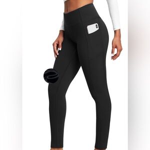 Healthyoga Black High-Waisted Fleece Lined Leggings with Pockets SZ LG New